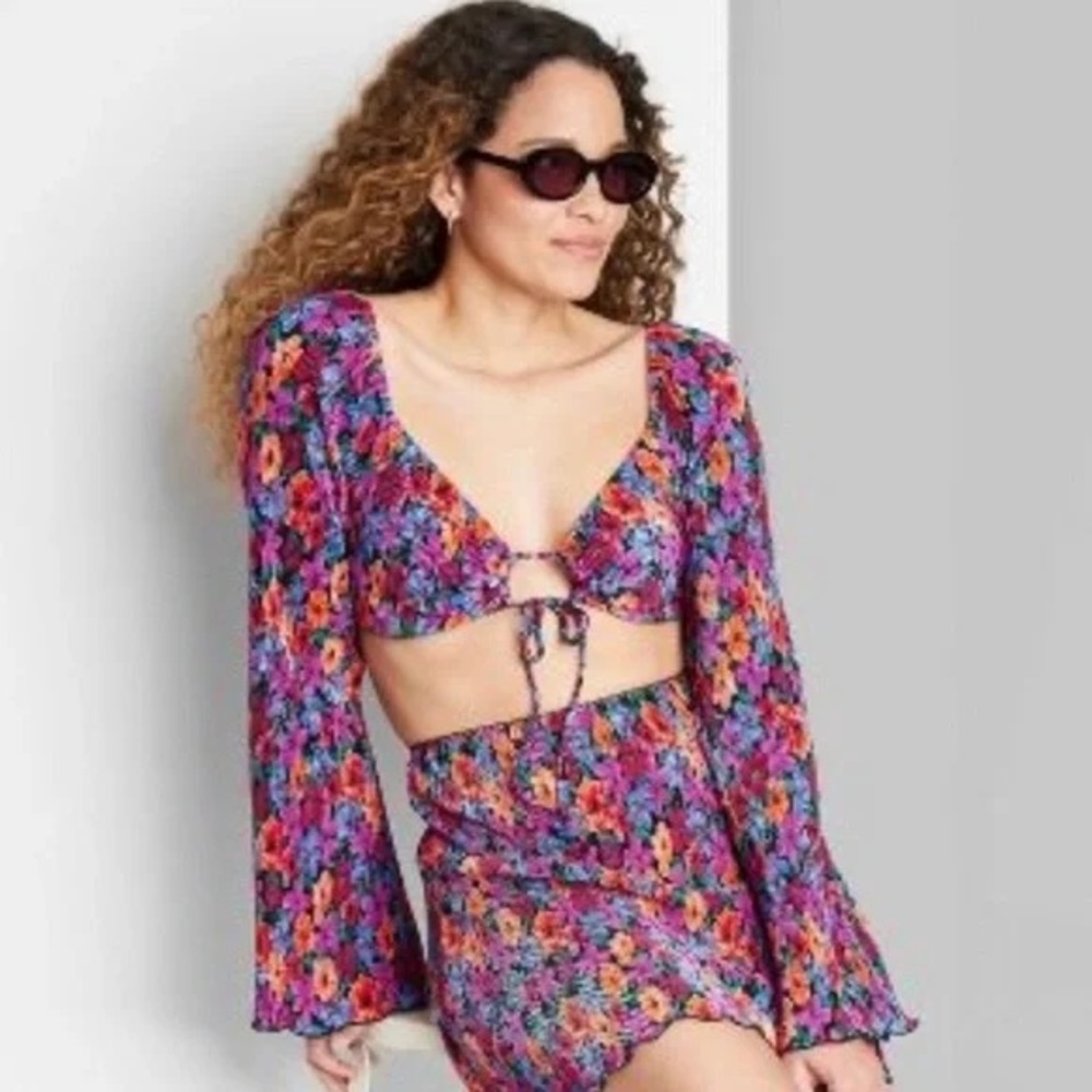 NWOT Wild Fable Target Floral Crop Top bell sleeve Mini Skirt matching Set - Picture 2 of 6